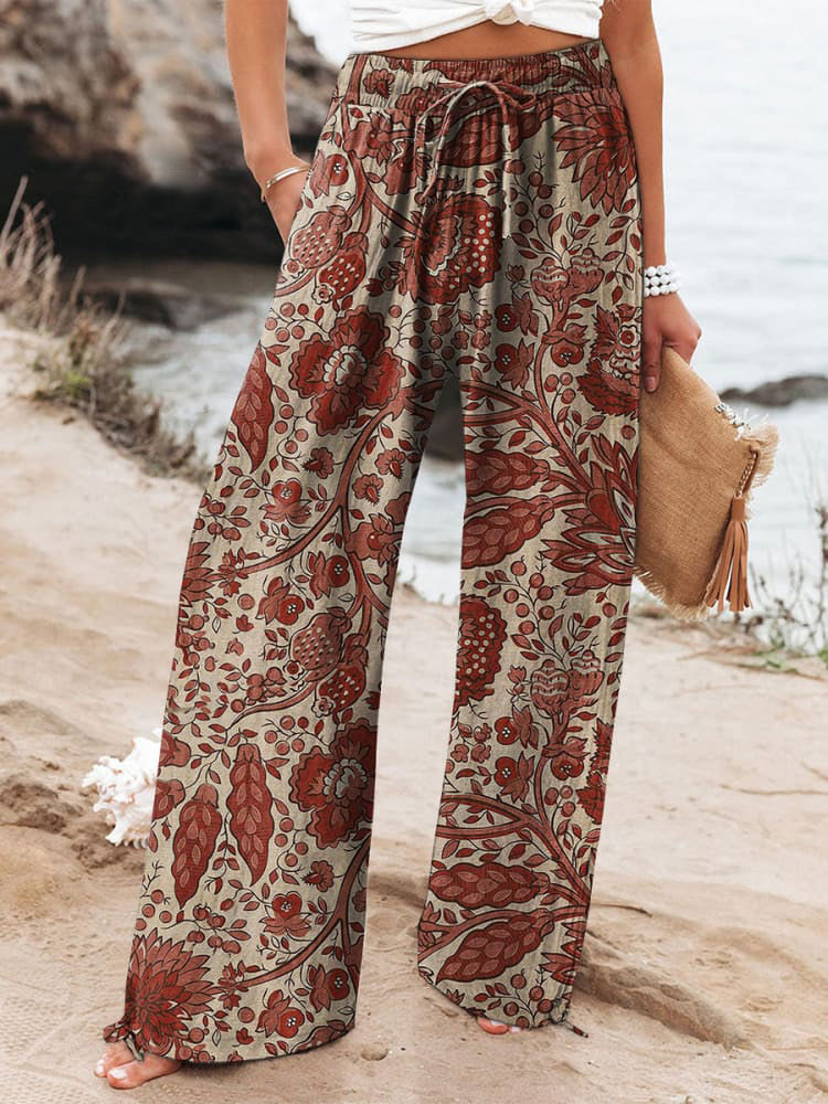 Women's Floral Art Printed Cotton And Linen Casual Pants