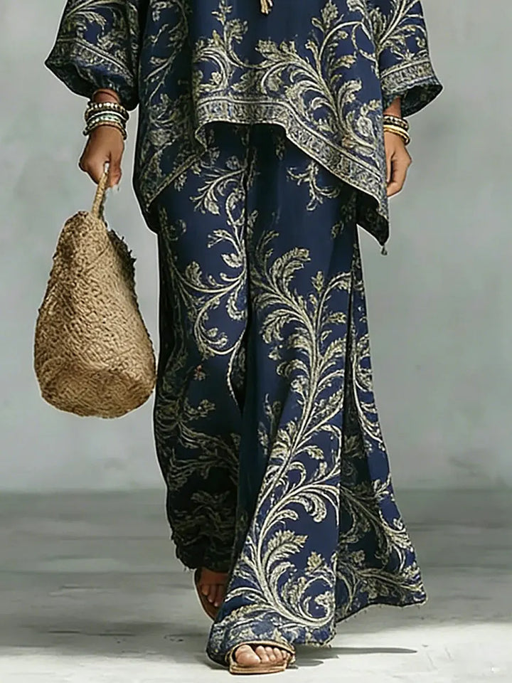 Women's Vintage Ethnic Floral Art Comfortable Loose Cotton Linen Wide-leg Pants Two-piece Set