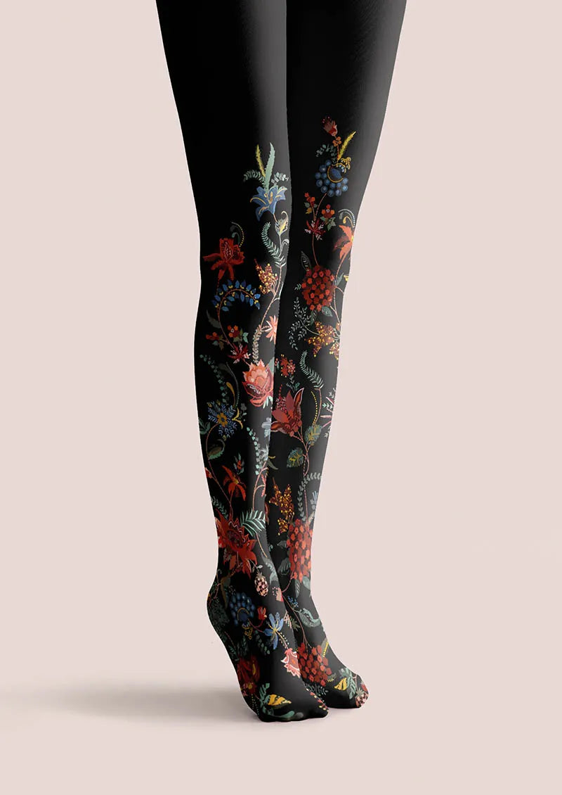 Women Exotic Floral Black Tights Hosiery Pantyhose