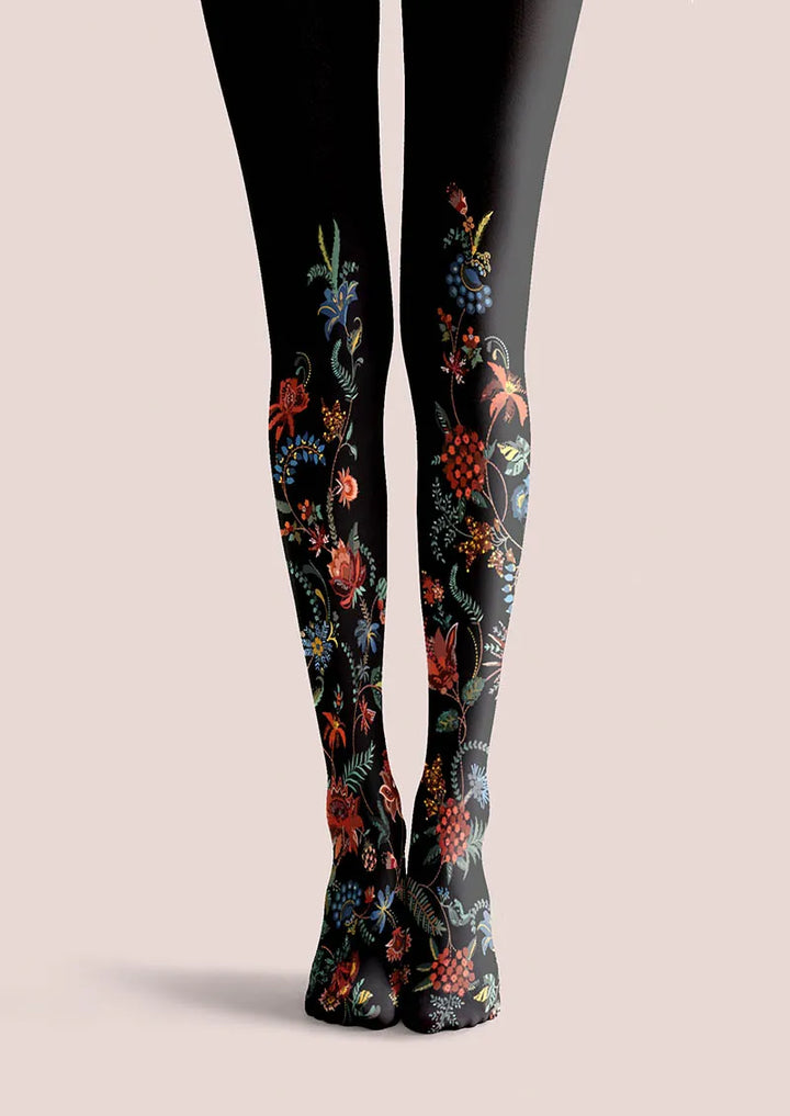 Women Exotic Floral Black Tights Hosiery Pantyhose
