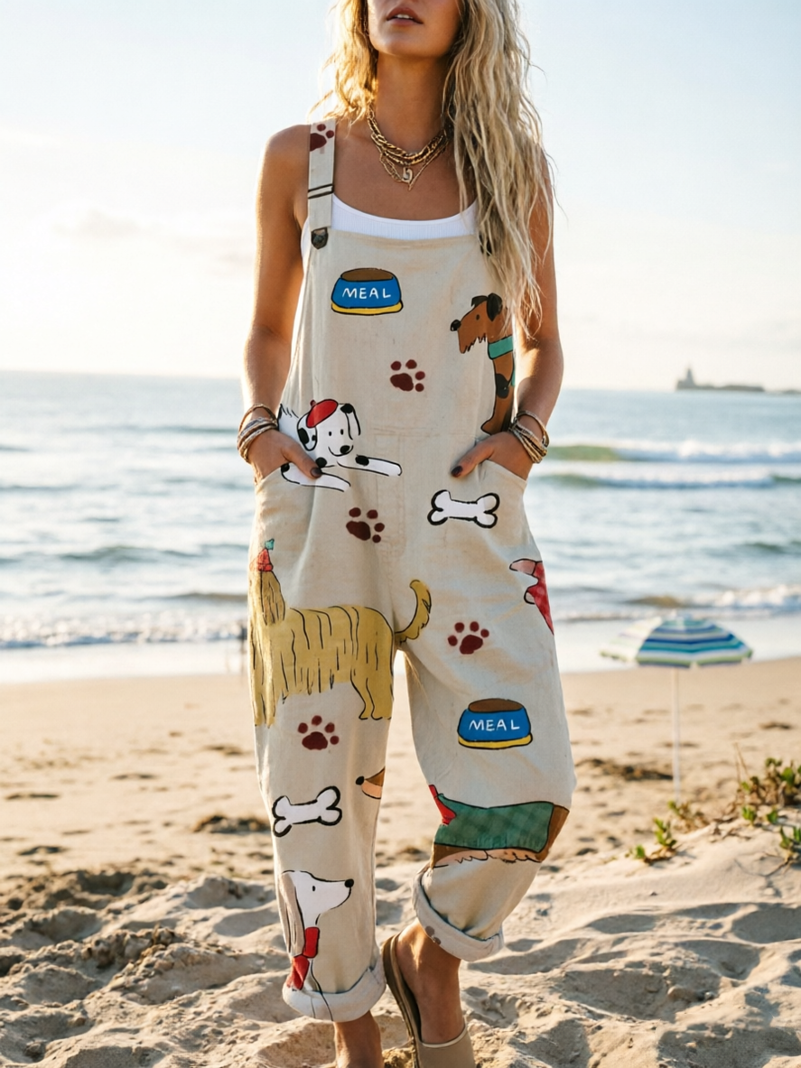 Women's Funny Dog Art Print Casual Cotton Linen Wide Leg Jumpsuit