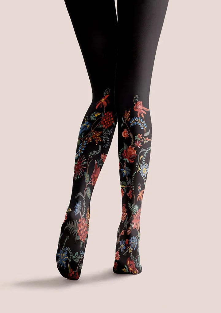 Women Exotic Floral Black Tights Hosiery Pantyhose