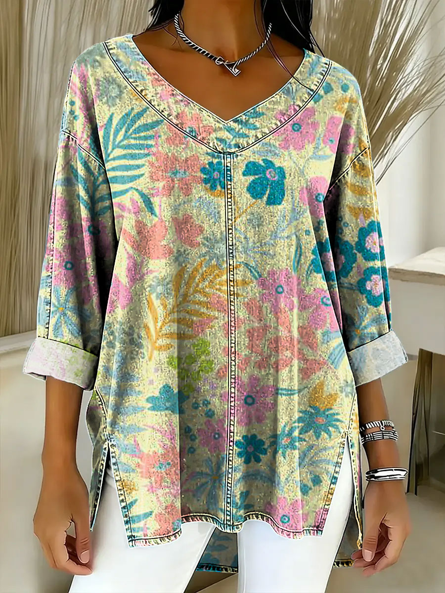 Women's Retro Gradient Flowers Floral Art Patterns Casual Washed Denim  Top