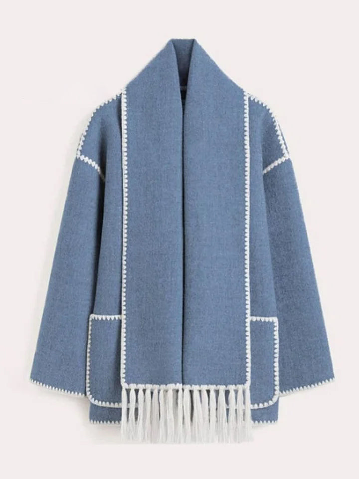 Women's Thickened Loose Woolen Coat with Scarf and Tassels