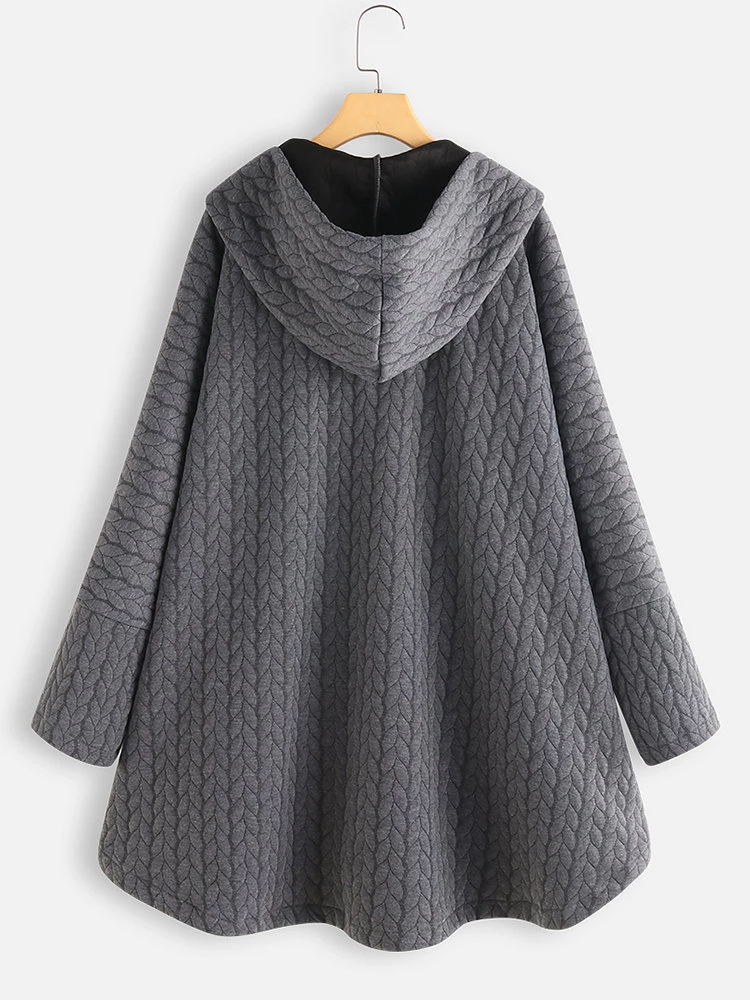 Women's Solid Color Long Sleeve Ireegular Hem Button Up Hooded Jacket