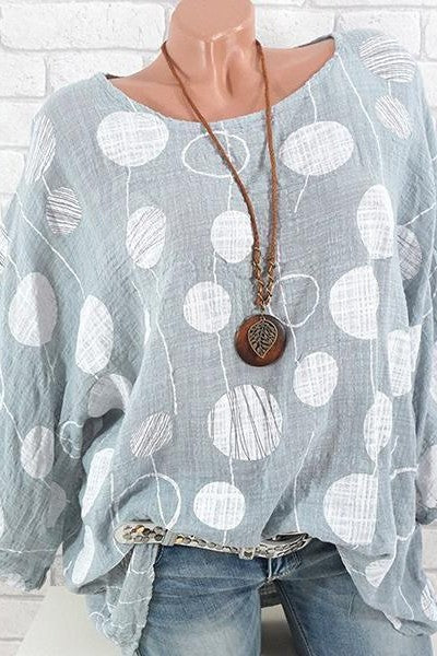 Polka Dot Print Round Neck 3/4 Sleeves Blouse
