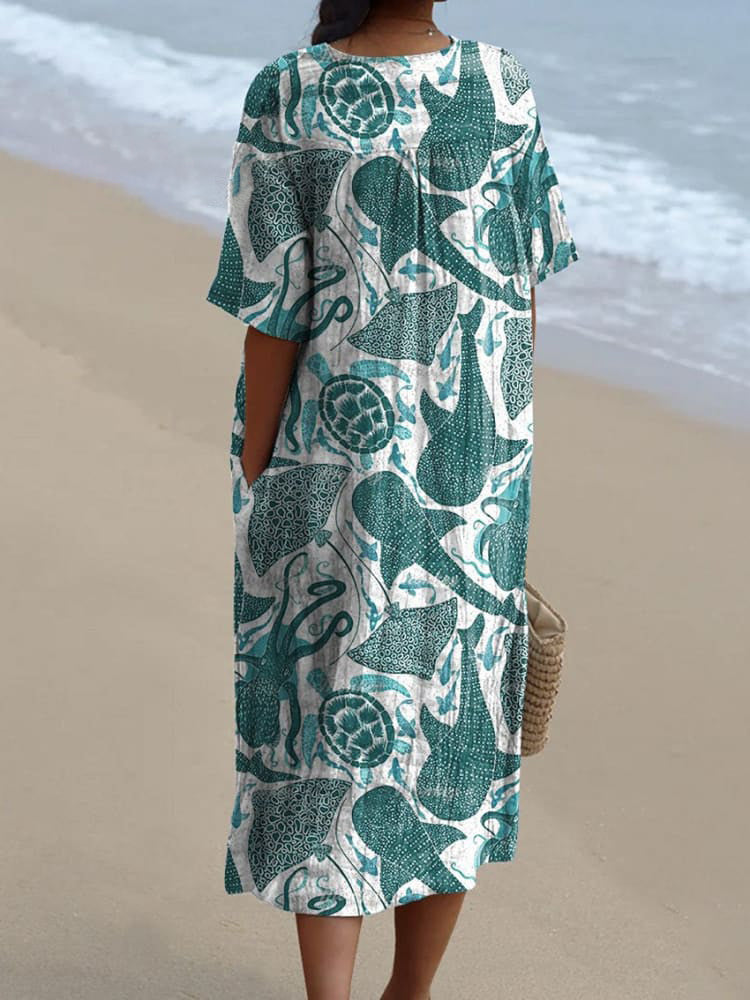 Vibrant Sea Creatures Pattern Printed Women's Flowy Dress