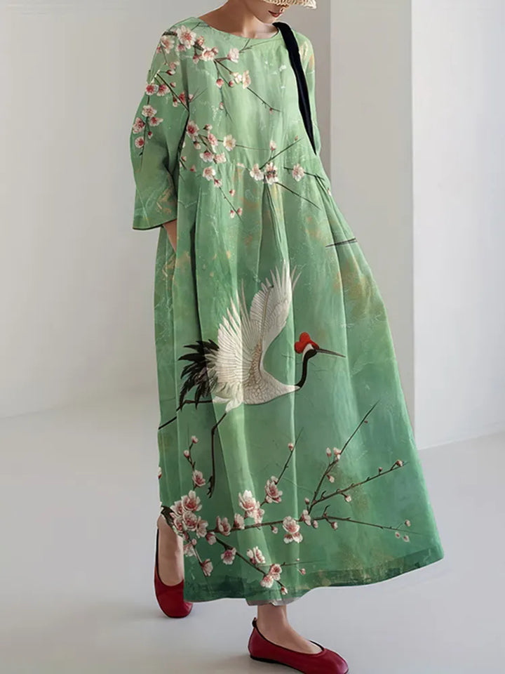 Flowers and Birds Printed Loose Midi Dress
