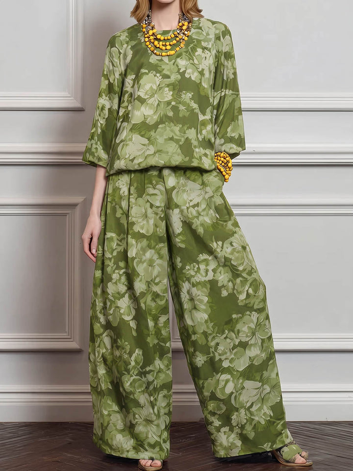 Women's Loose-fit Cotton-linen Top & High-waisted Wide-leg Pants Set