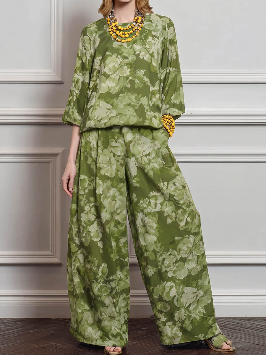 Women's Loose-fit Cotton-linen Top & High-waisted Wide-leg Pants Set