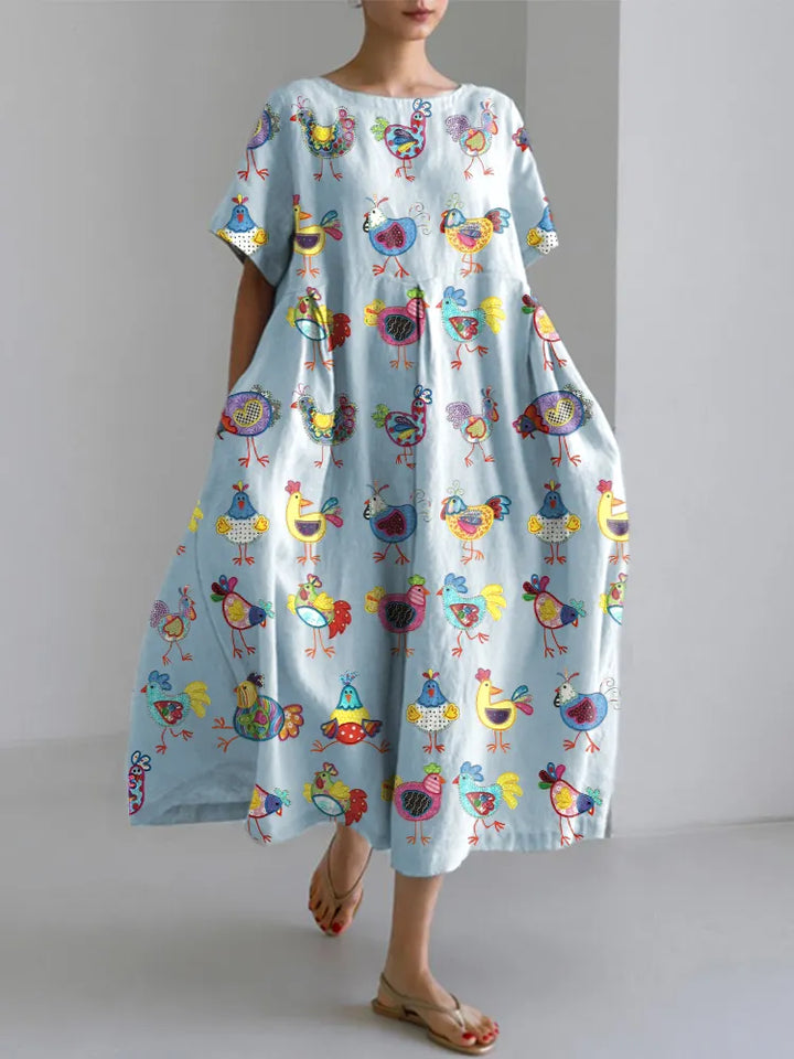 Funny Chickens Embroidery Pattern Linen Blend Dress