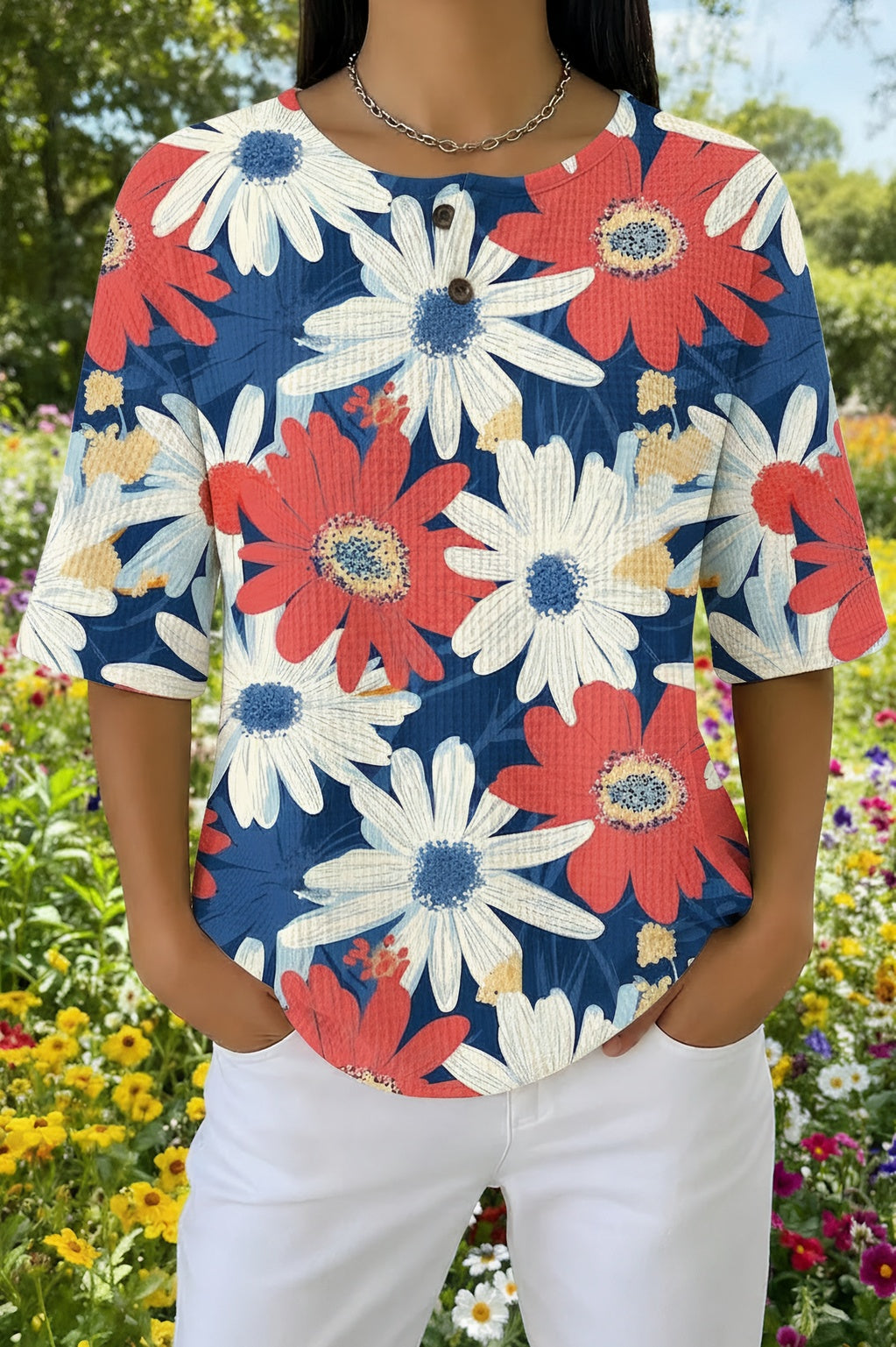 Womens Red White Daisy Floral Print Casual Waffle Cotton Shirt