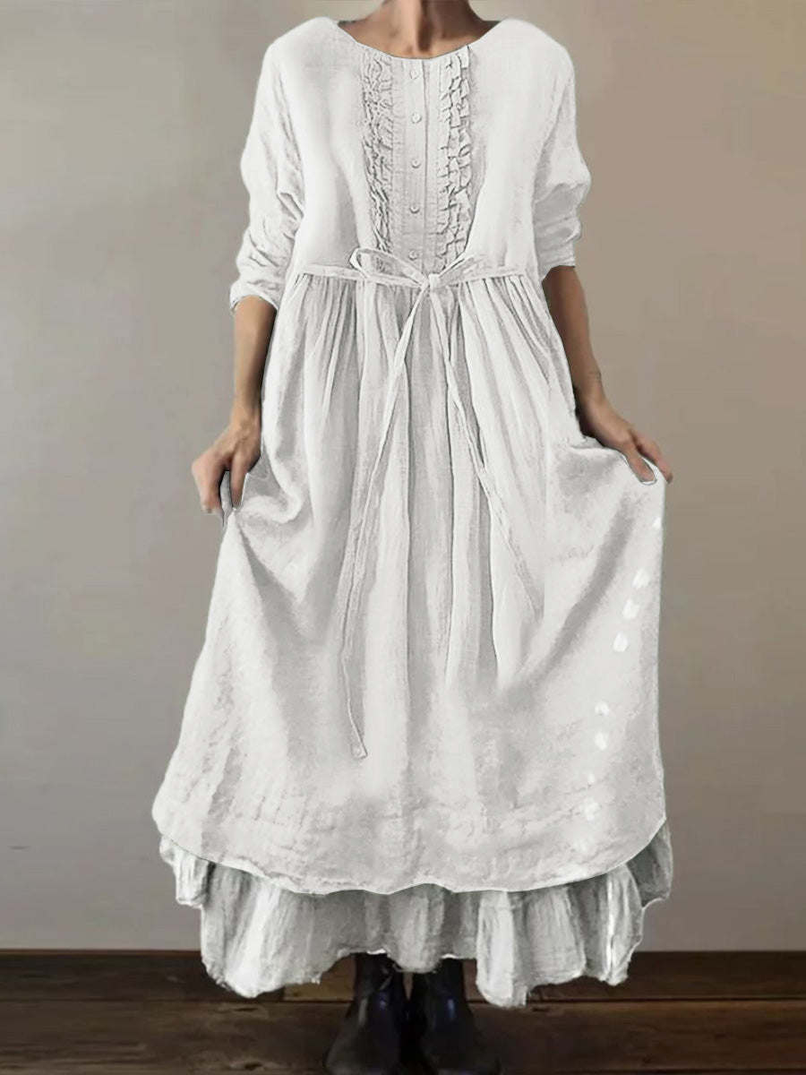 Women's Solid Color Round Neck Long Sleeve Casual Loose Tie-Drawstring Dress