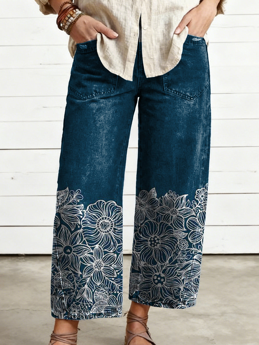 Women's Vintage Flower Art Print Casual Trousers With Pockets