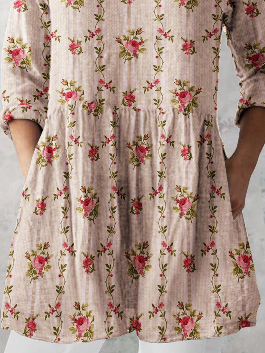 Women's Retro Floral Art Print Casual  V-neck Top