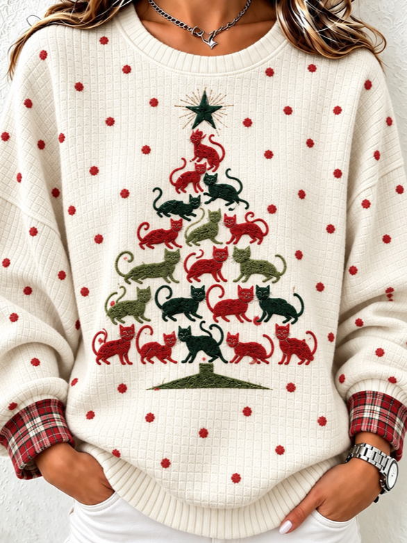 Cat Christmas Tree Polka Dot Crew Neck Sweatshirt