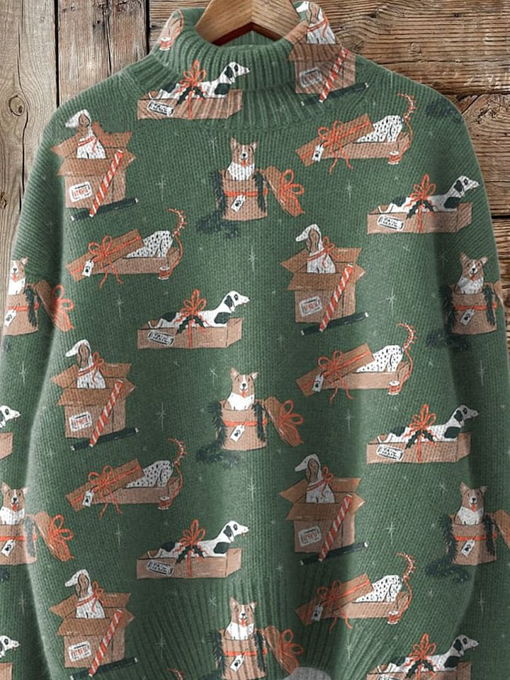 Puppy Dog Christmas Celebration Pattern Printed Knit Turtleneck Pullover Sweater