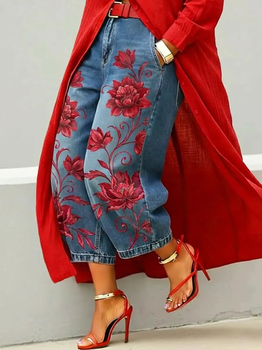 Women's Retro Floral Pattern Art Print Casual Jeans