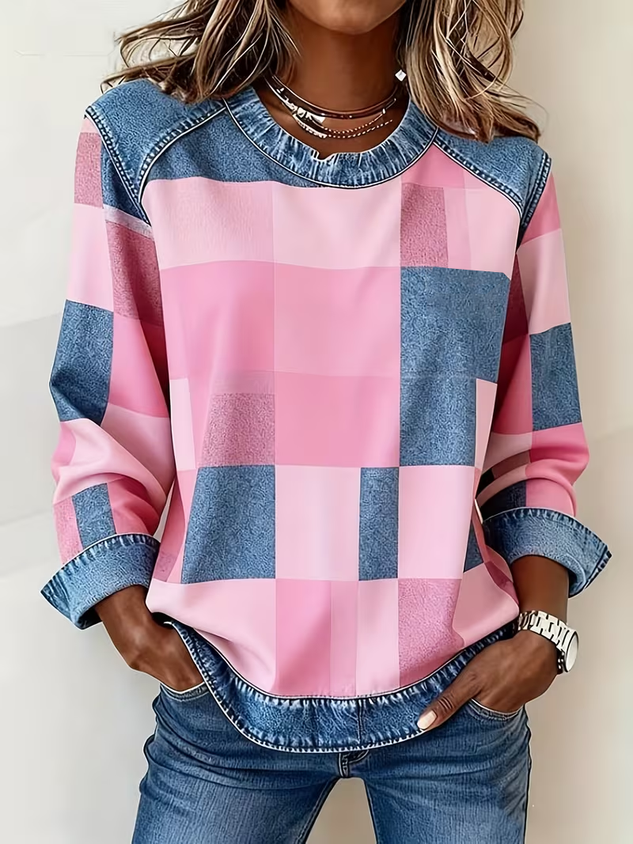 Women Plaid Crew Neck Long Sleeve Vintage Daily Fall Sweatshirt