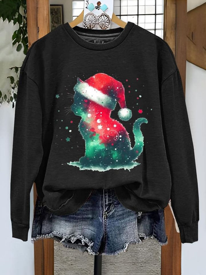 Cat Christmas Art Print Casual Sweatshirt