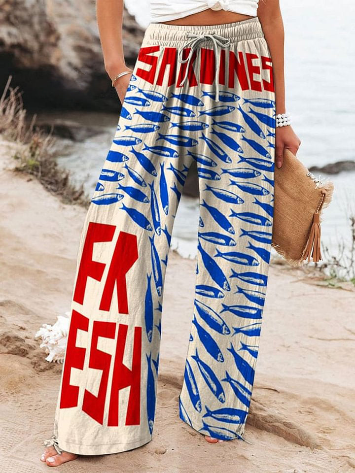 Women's Vintage Fish Sardines Art Print Cotton And Linen Casual Pants