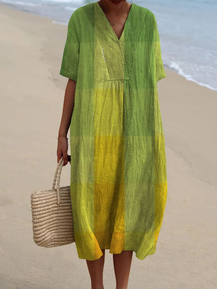 Women's V Neck Vintage Yellow-green Art Mosaic Gradient Art Linen Loose Dress