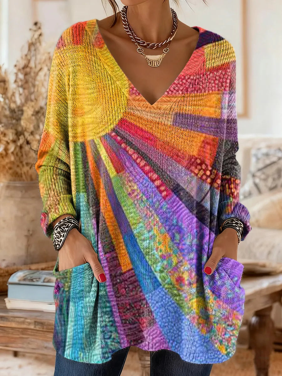 Women's Colorful Patchwork Sun Art Print V-Neck Casual Long-Sleeve Sweater