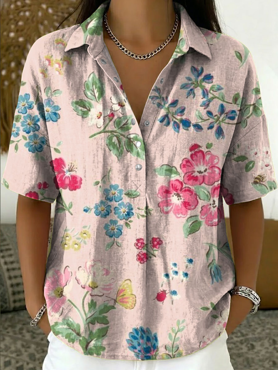 Women's Vintage Botanical Floral Casual Polo Collar Short-sleeved Linen And Cotton Shirt
