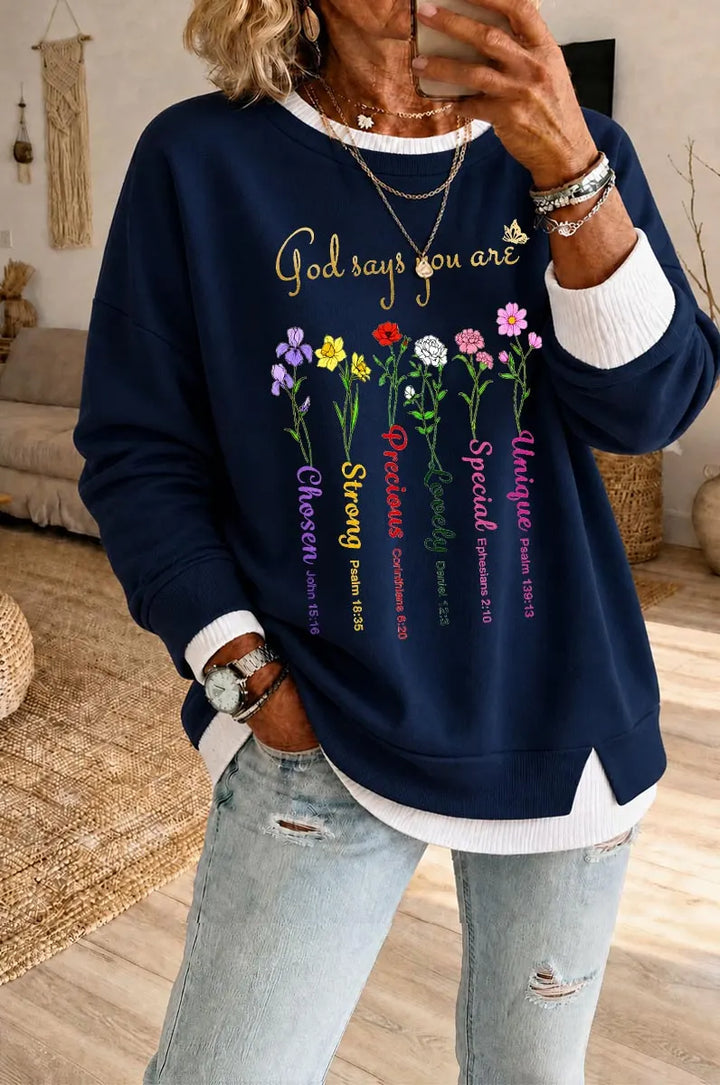 Women's God Says Pattern Fake Two Piece Layered Sweatshirt