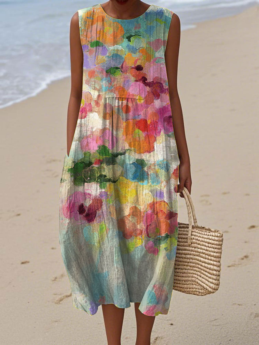 Women's Vintage Floral  Art Print Sleeveless Cotton Pocket Wrap Dress