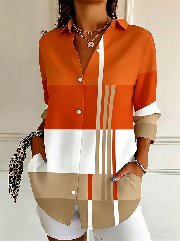 Women Abstract Casual Shirt Shirt Collar Long Sleeve Buckle Top