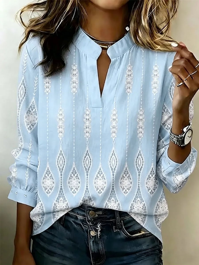 Women Geometric Casual Blouse V Neck Long Sleeve Printing Top