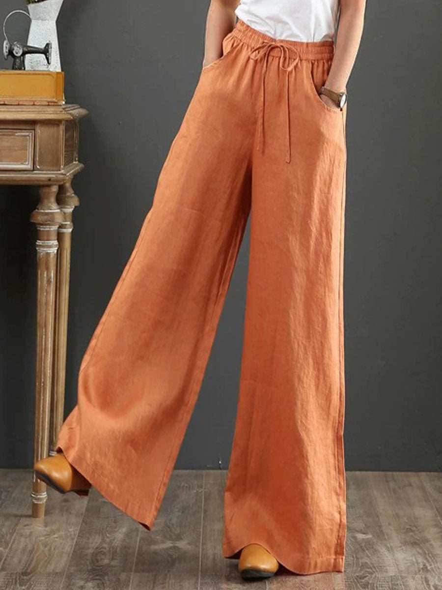 Women Solid Color Elastic Waist Pockets Casual Linen Wide Leg Pants