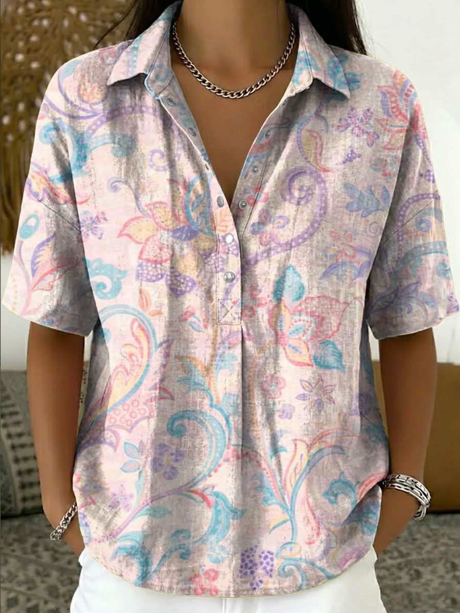 Women's Vintage Botanical Floral Casual Polo Collar Short-sleeved Linen And Cotton Shirt