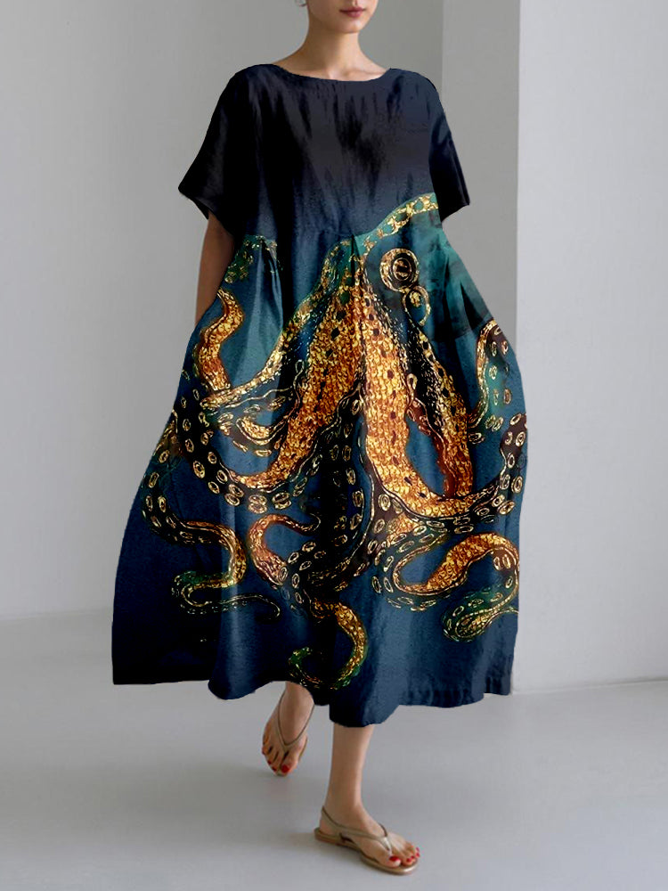 Ocean Octopus Art Pattern Linen Blend Maxi Dress