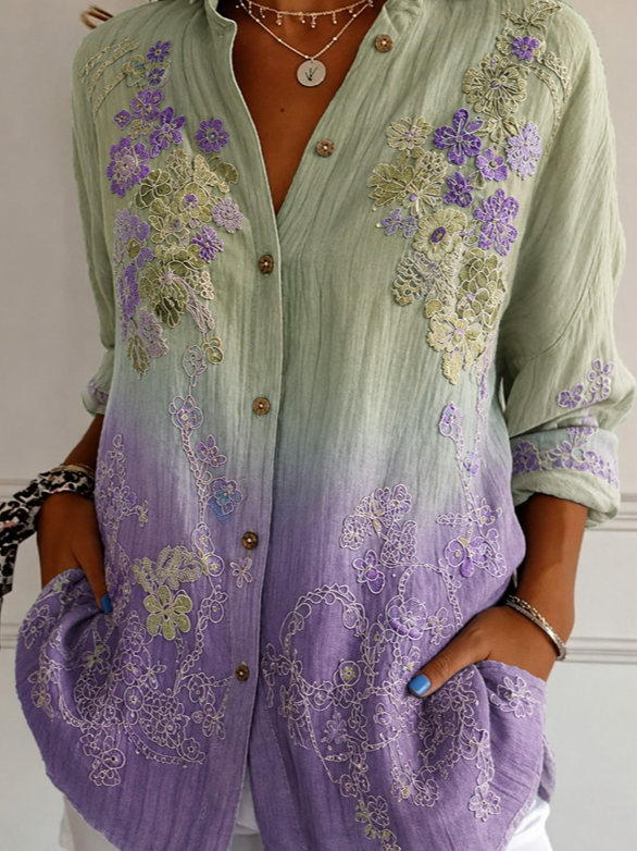 Shirt Collar Long Sleeve Floral Regular Micro-Elasticity Loose Shirt For Women