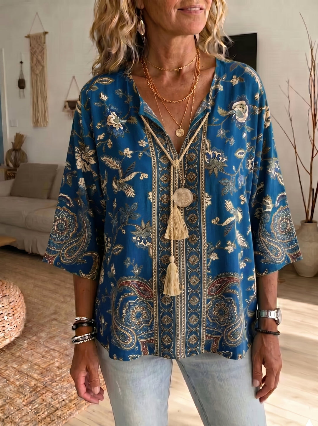 Bohemian Chic Green Floral Tunic - Relaxed Fit V-Neck Blouse with Statement Tassel Detail