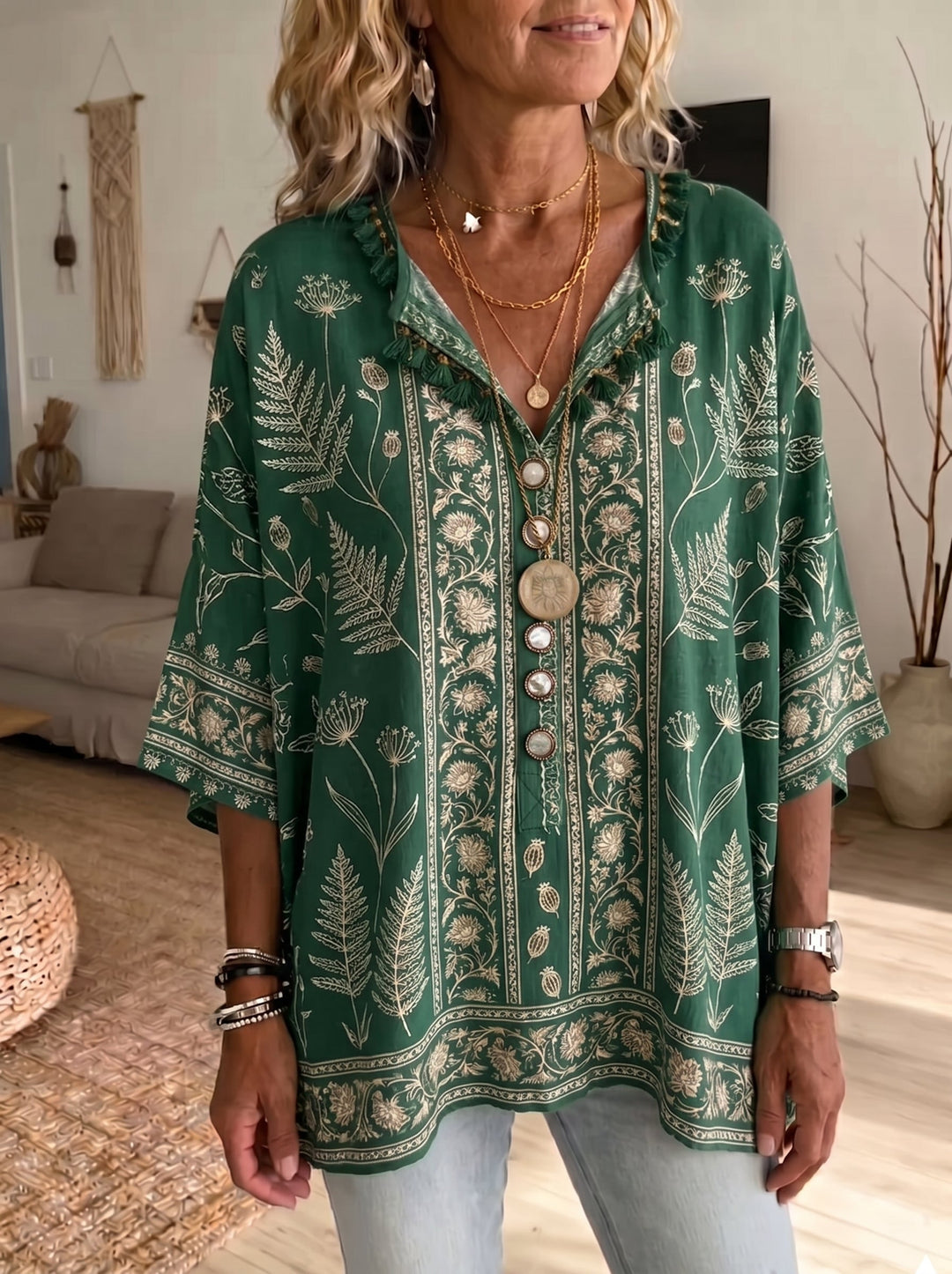 Women's Vintage Floral Print V-Neck Tunic-Loose Fit Casual Cotton Linen Blouse