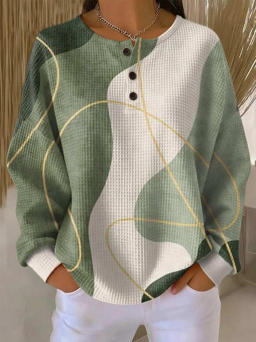 Women's Sage Green White Abstract Geometric Gold Line Art Pattern Print Casual Waffle Cotton Henley Sweatshirt