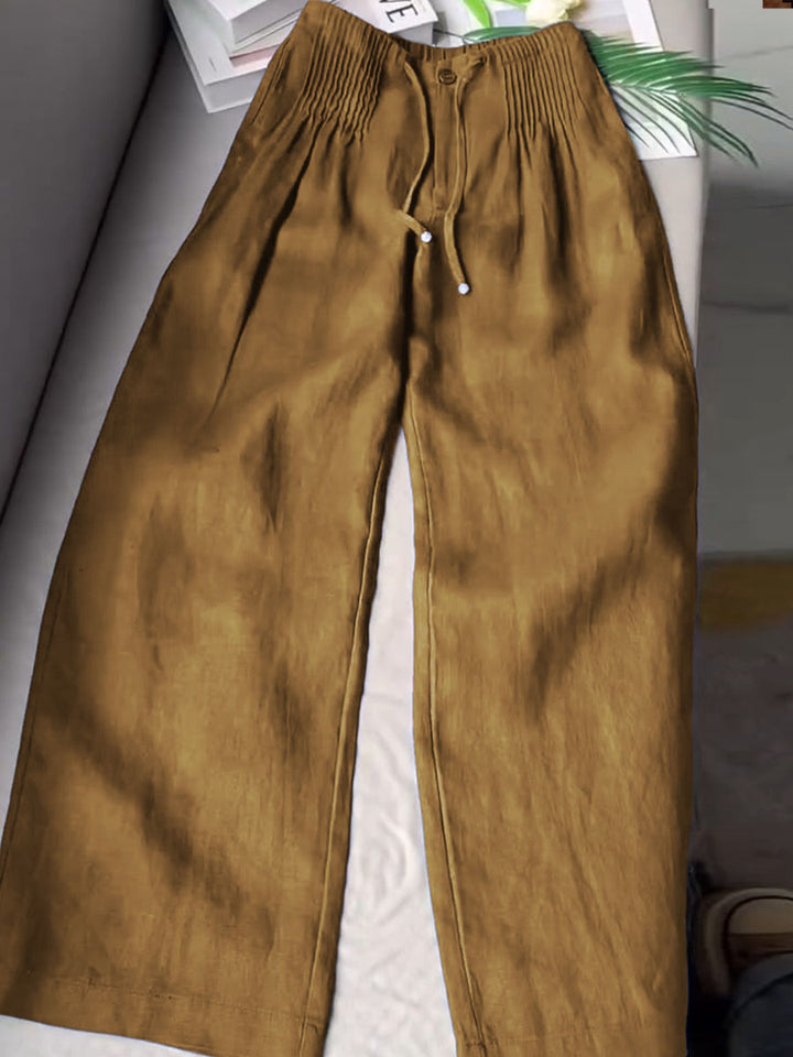 Women's Solid Color Pleated Drawstring Casual100% Cotton and Linen Wide Leg Pants