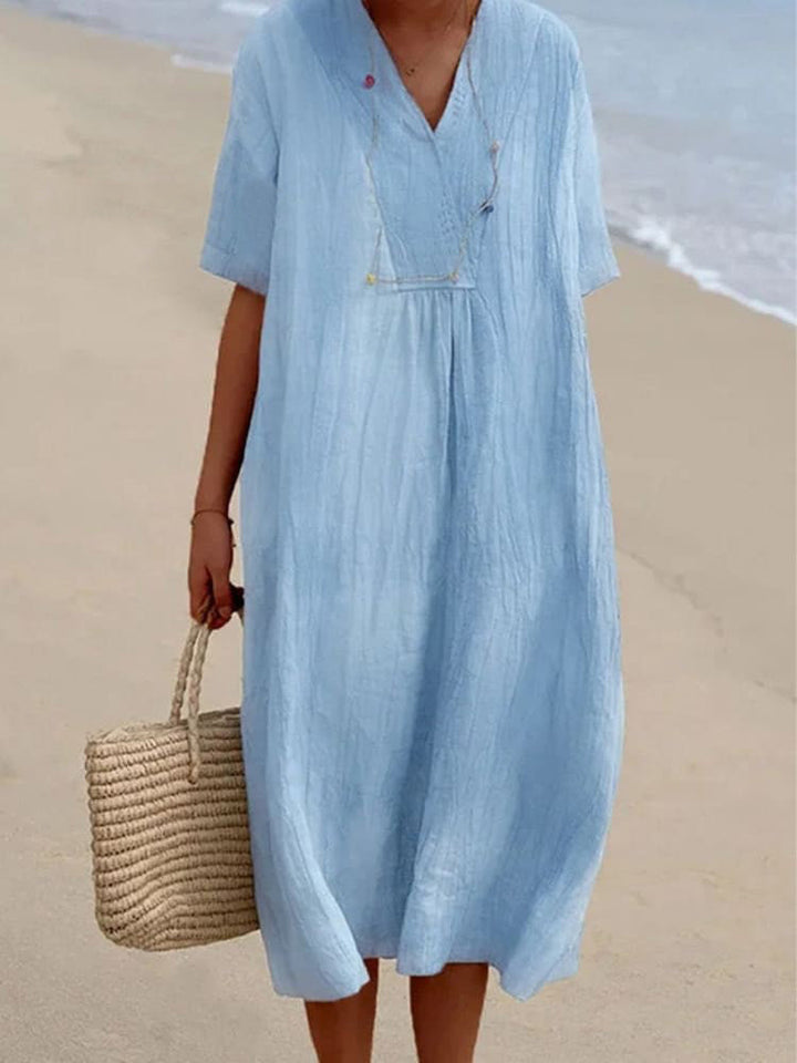 Women's Solid Color Cotton And Linen Short Sleeve Dress