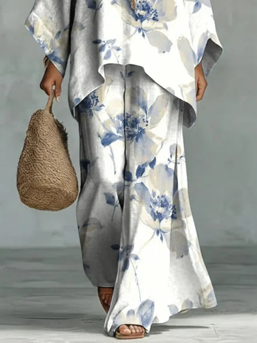 Women's Vintage Floral Art Comfortable Loose Cotton Linen Wide-leg Pants Two-piece Set