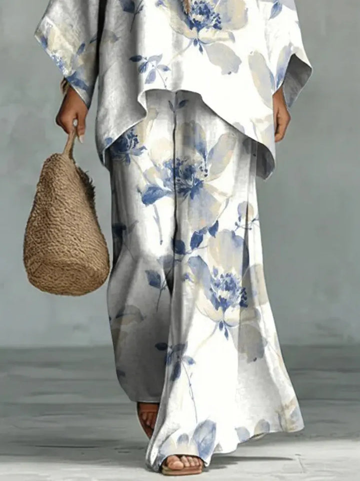Women's Vintage Floral Art Comfortable Loose Cotton Linen Wide-leg Pants Two-piece Set