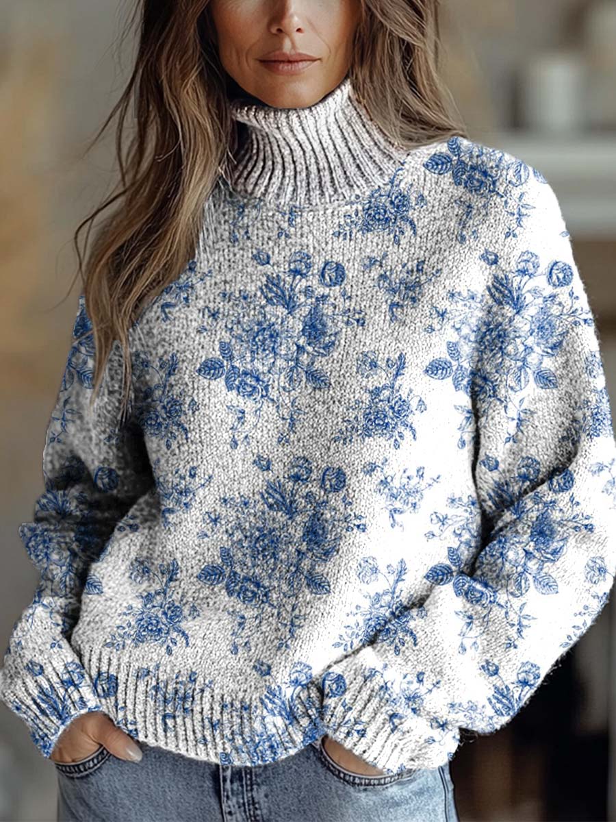 Women's Vintage Lovely Floral Art Print Knit Turtleneck Pullover Sweater