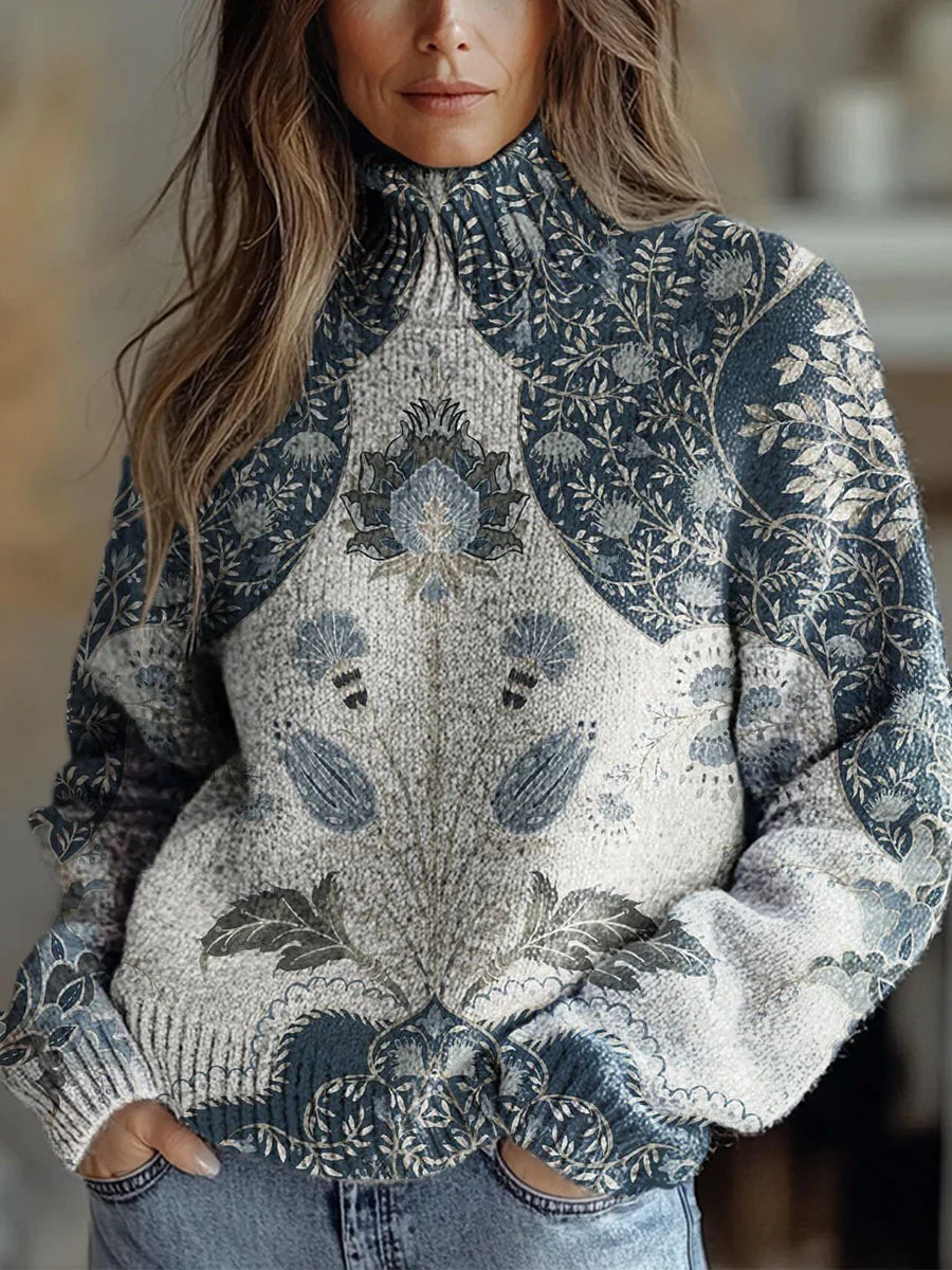 Women's Vintage Art Ethnic Flower Print Knit Turtleneck Pullover Sweater