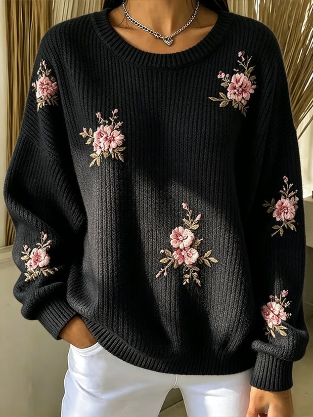 Casual Floral Crew Neck Long Sleeve Sweatshirt