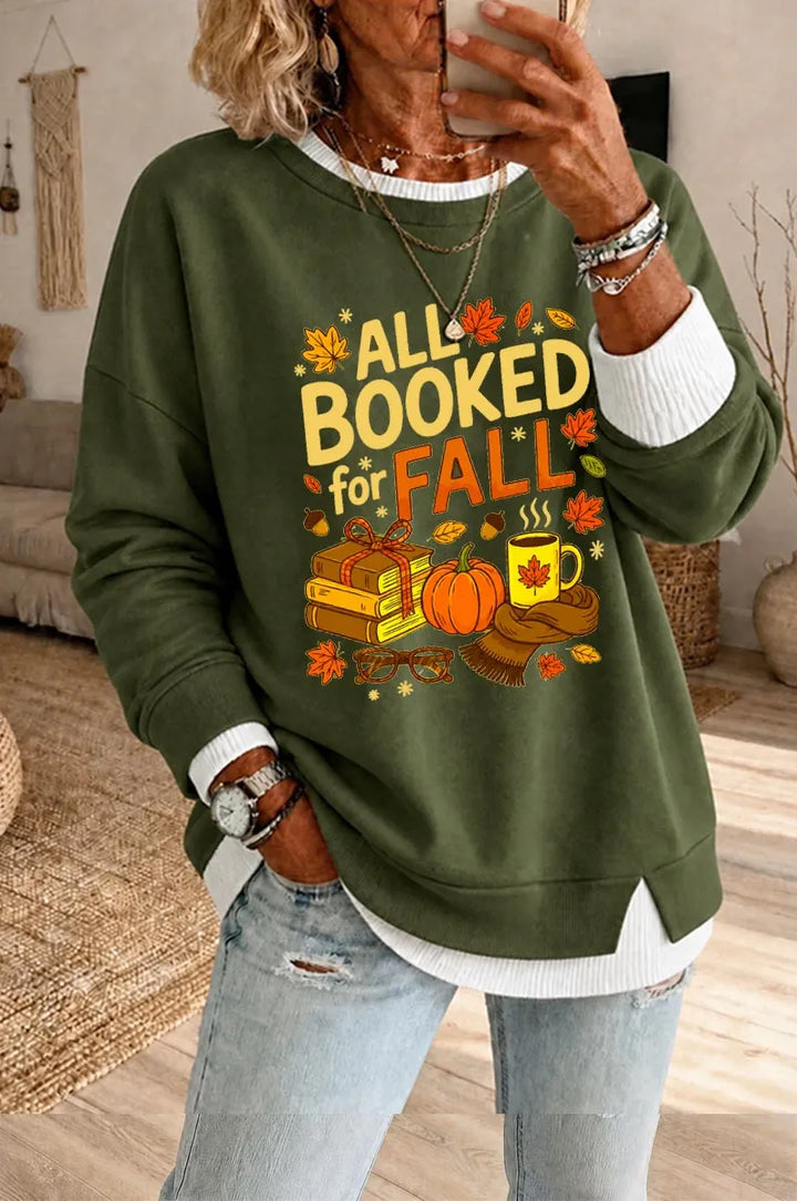 Women's All Booked For Fall Pattern Fake Two Piece Layered Sweatshirt