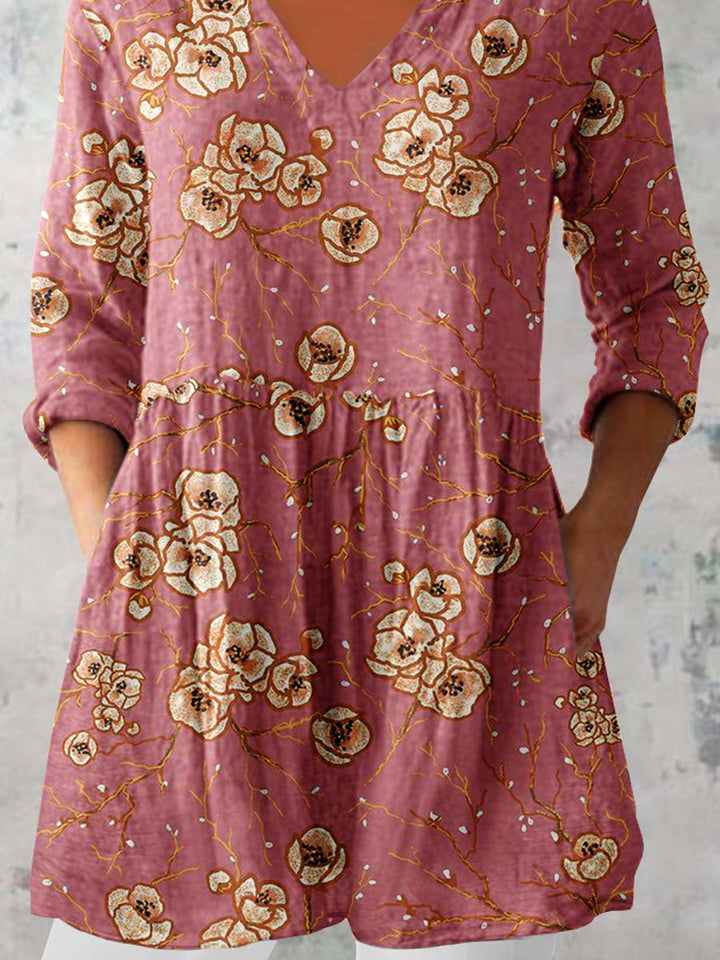 Women's Elegant Floral Print Pattern V neck Top