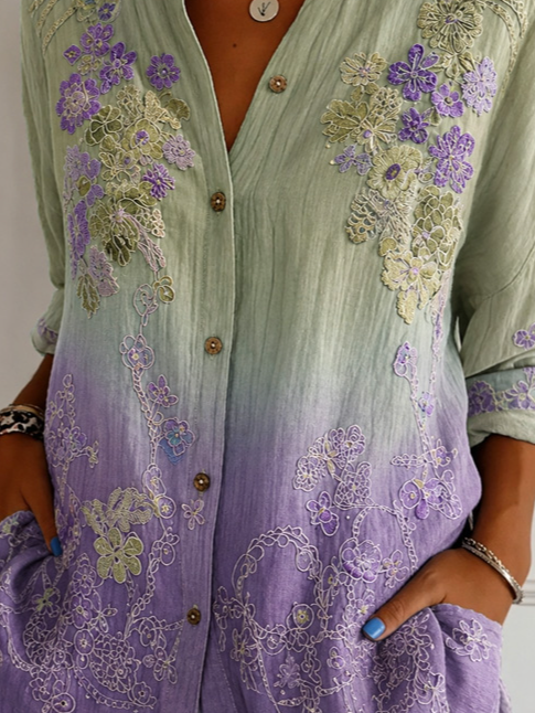 Shirt Collar Long Sleeve Floral Regular Micro-Elasticity Loose Shirt For Women