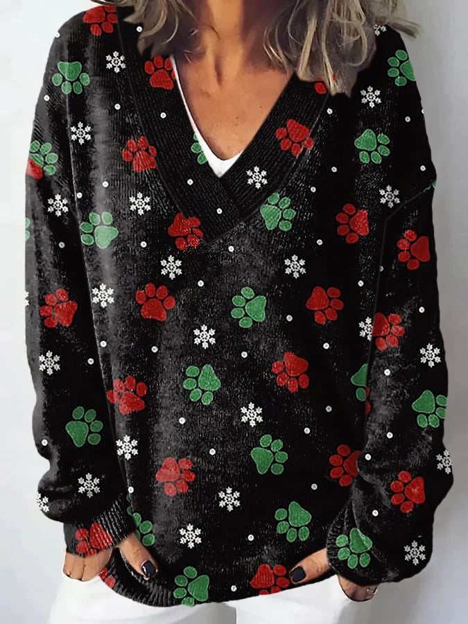 Women'S Christmas Cat Paw Print Sweater